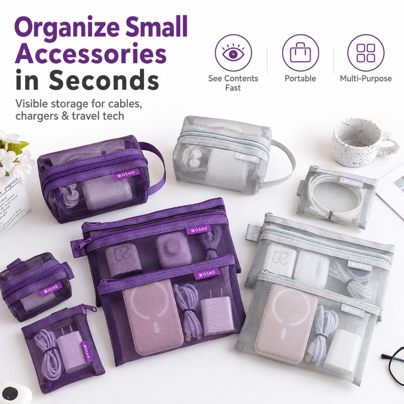 Tech Woven Accessories - 6-delige draagbare mesh tech-accessoiretas, transparante kabelopbergtas